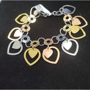 Edforce Stainless Steel Three Tone Hearts Charms Bracelet 7.5" Inch Long 2013